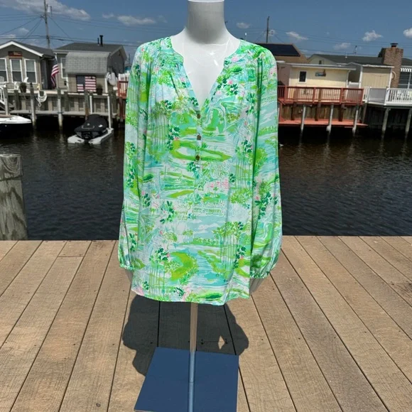 Honda Classic Gold Lilly Pulitzer Tropical Green and Blue Blouse - Picture 1 of 11